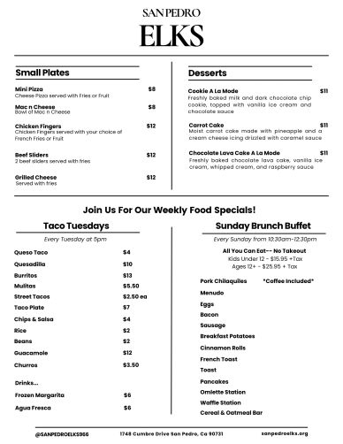 San Pedro Elks menu featuring small plates, desserts, and weekly specials.