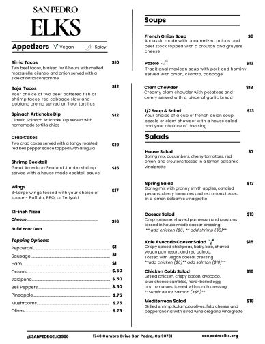 Menu featuring appetizers, soups, and salads with vegan and spicy options.