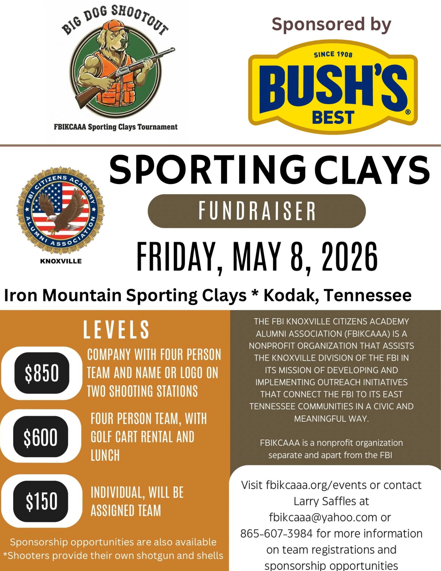 Flyer for FBIKCAAA Sporting Clays Fundraiser on May 8, 2026, in Kodak, Tennessee.