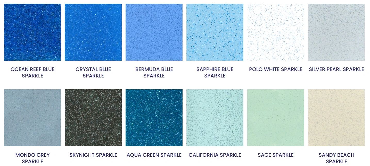 Collection of sparkly blue, green, white, grey, and beige color swatches.