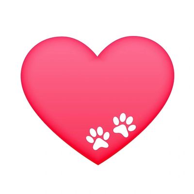 A pink heart with two white paw prints at the bottom right.