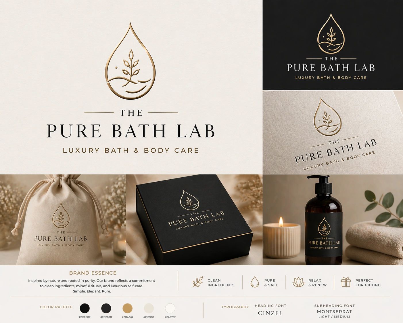 Elegant branding for The Pure Bath Lab luxury bath and body care products.