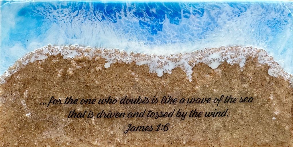 Beach scene with ocean waves and a quote from James 1:6.