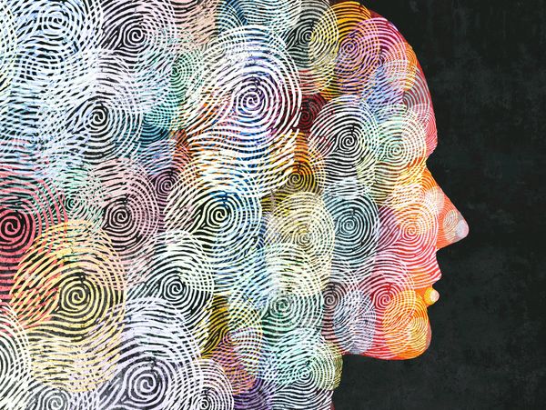 Colorful human profile with layered fingerprint patterns on black background.