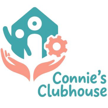 Logo of Connie's Clubhouse with hands holding a house and gear.