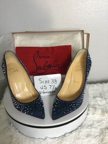 Christian Louboutin Follies Navy Suede Spike-Embellished Pointed Toe Pumps 