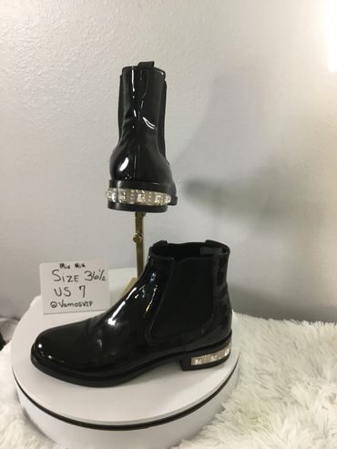 Miu Miu Patent Leather Black Ankle Boots with Crystal Heel Accent 