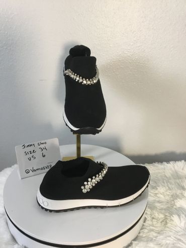 Jimmy Choo Black Knit Slip-On Sneakers with Crystal Chain 