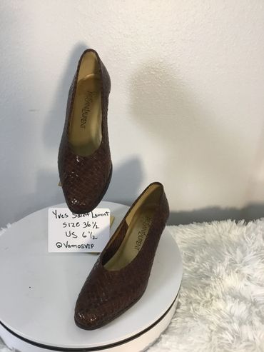 Yves Saint Laurent Dark Brown Woven Leather Block Heel Pumps 