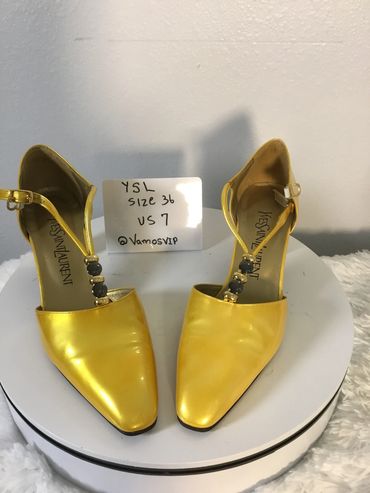 Yves Saint Laurent Yellow T-Strap Satin Pointed Pumps with Bead Accents 