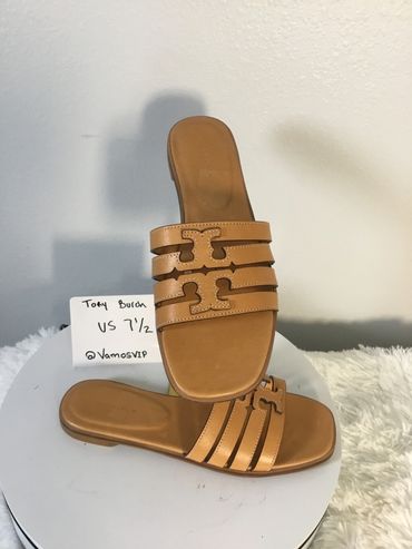 Tory Burch Tan Leather Triple-Strap Slide Mules