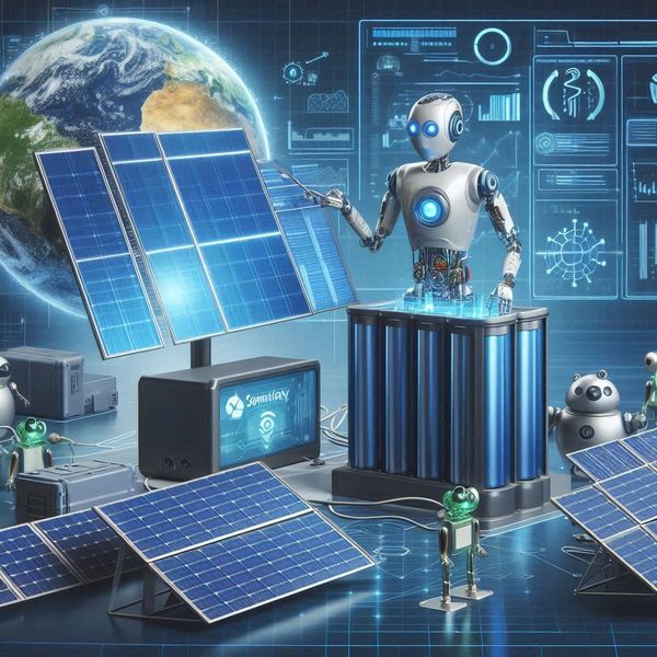 Robot overseeing solar panel technology with Earth in the background.