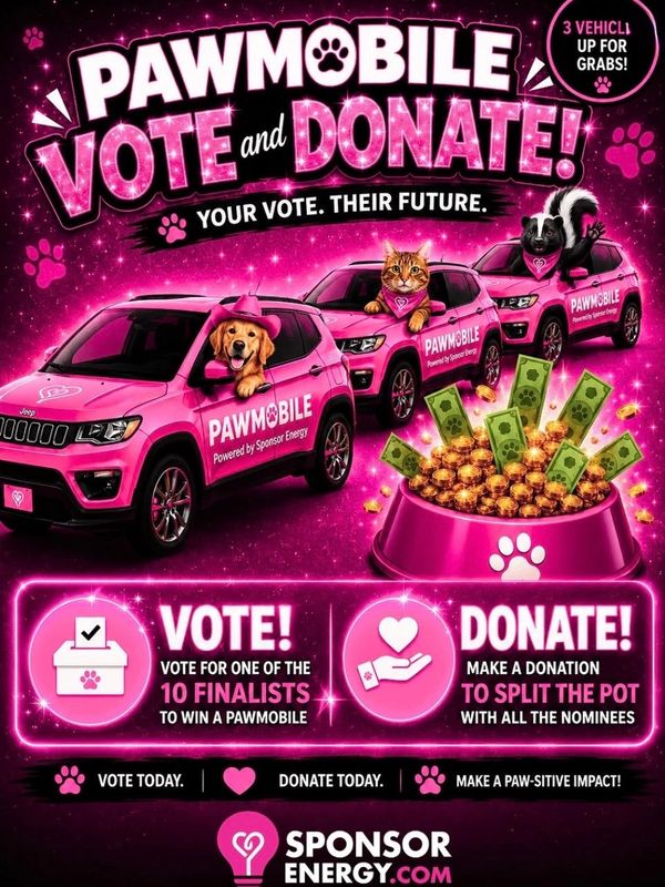 Pink Pawmobile cars with pets promoting voting and donating for animal welfare.
