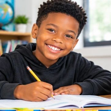Smiling boy writing in a notebook.