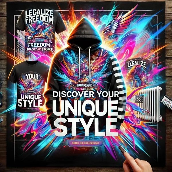 A graphic image of a hoodie and t-shirts projecting out of a tablet with color