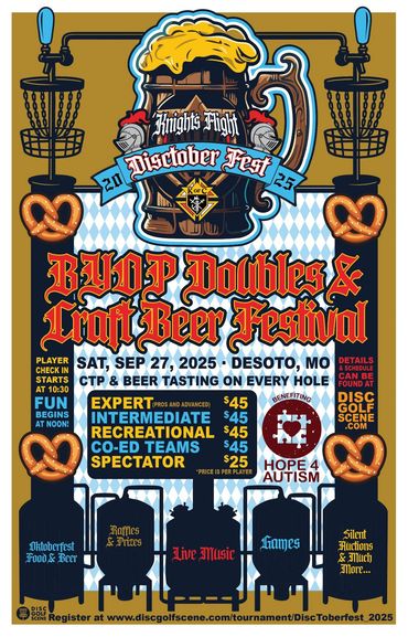 DiscTober Fest 2025 poster with disc golf, craft beer, and pretzels theme.
