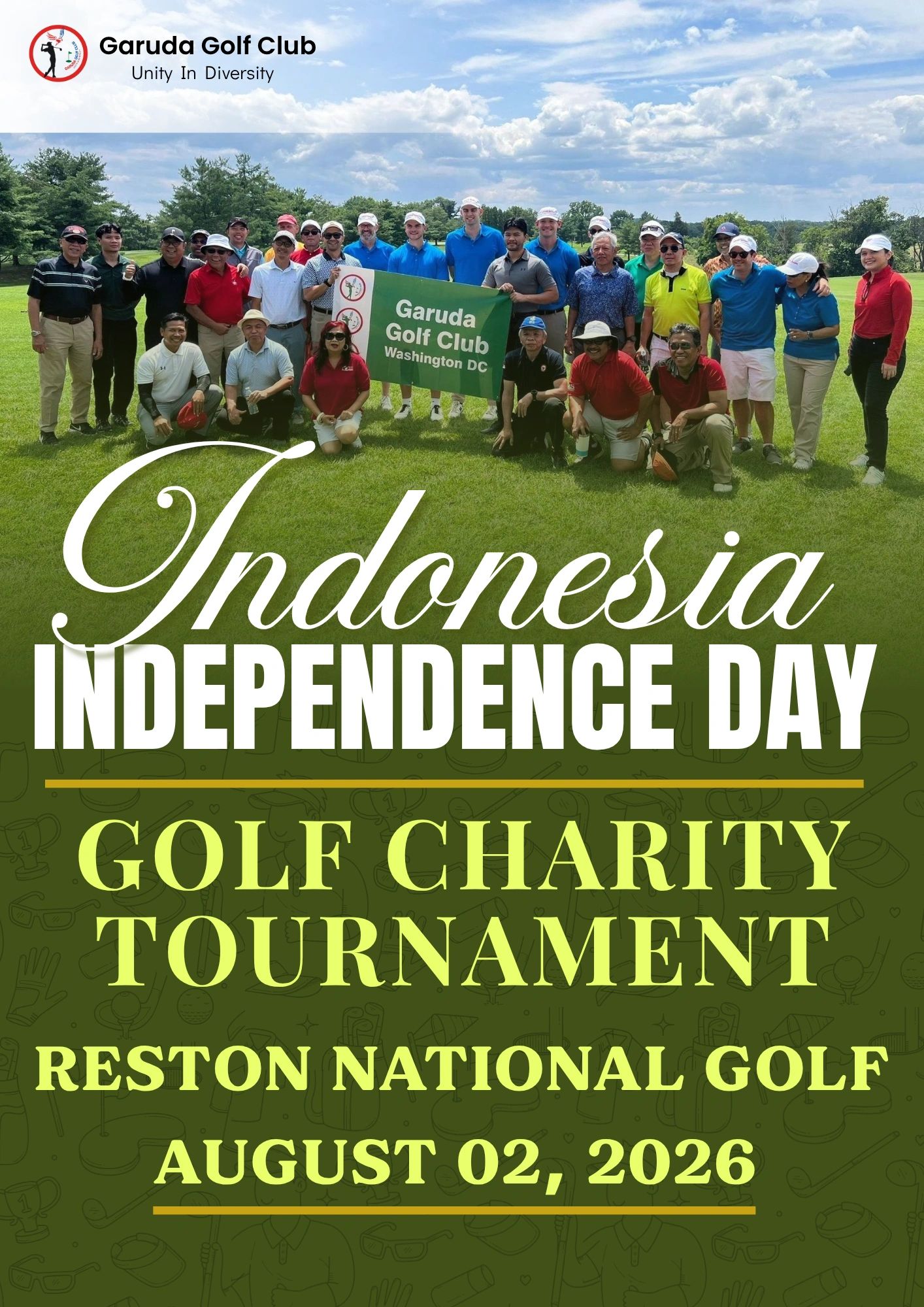 Group photo of Garuda Golf Club celebrating Indonesia Independence Day with a charity tournament.
