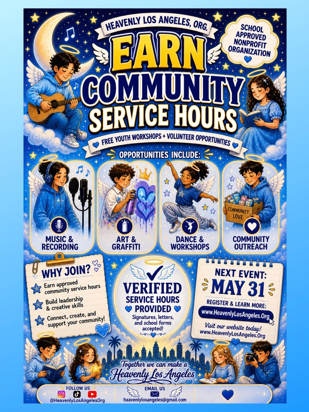 Poster promoting Heavenly Los Angeles community service with music, art, dance, and outreach opportunities.