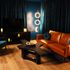 Sexy teal blue living room, rich velvet curtains, leather furniture, modern lighting
