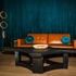 Sexy teal blue living room, rich velvet curtains, leather furniture, modern lighting