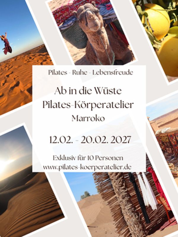 Ankündigung für Pilates-Workshop in der marokkanischen Wüste im Februar 2027.
