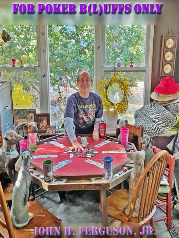 Man playing poker with dog statues around a table in a cozy room.