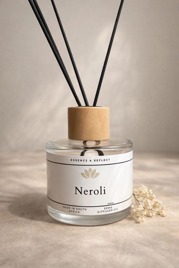 A Neroli diffuser oil bottle with black reeds and wooden cap.