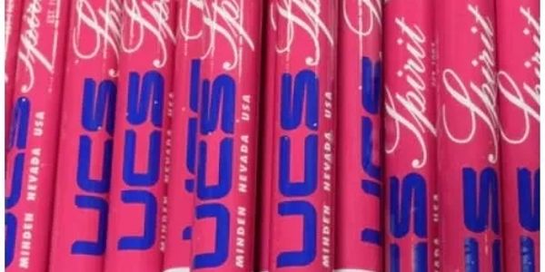 Pink golf clubs with blue UES logo and white cursive.