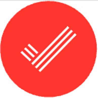 White check mark with stripes on a red circular background.