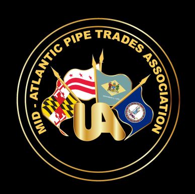 Logo of Mid-Atlantic Pipe Trades Association with flags and golden letters UA.