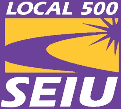 SEIU Local 500 union logo with purple and yellow design.