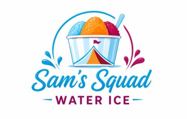 Colorful water ice logo with three scoops in a cup and Sam's Squad text.