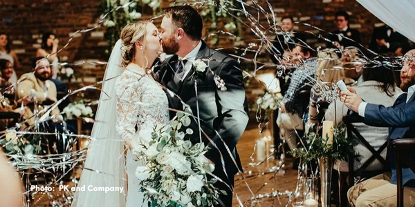 AISLE as bride & groom exit wedding altar at THE FACTORY AT WALTON MILL. Suspended floral design.