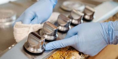 Person cleaning stove knobs wearing gloves.
