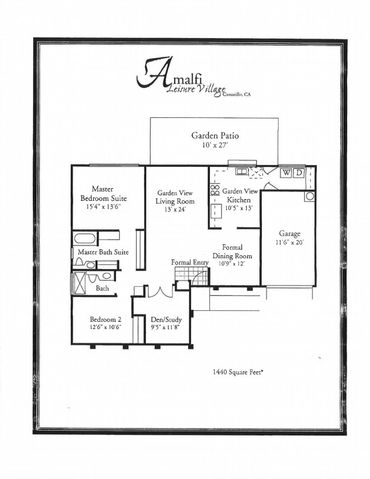 Floor plan of Amalfi Leisure Village home with 2 bedrooms, den, garden view living and kitchen, and garage.