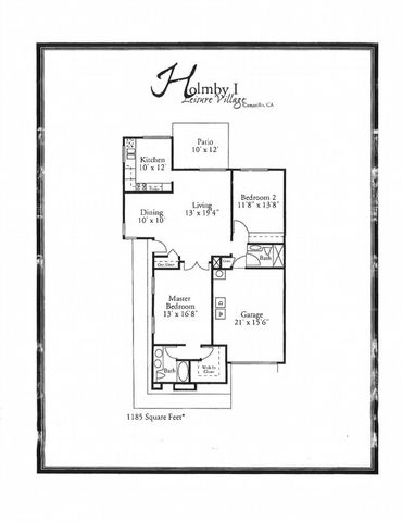 Floor plan of Holmby I with 2 bedrooms, 2 baths, kitchen, dining, living area, patio, and garage.