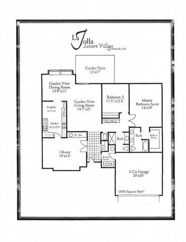Floor plan of La Jolla Leisure Village home with 2 bedrooms, library, garden patio, and 2-car garage.
