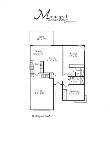 Floor plan of a two-bedroom, two-bathroom home with garage and patio.