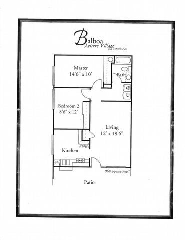 Floor plan of a two-bedroom apartment with living room, kitchen, bath, and patio.