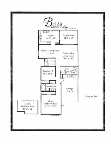 Floor plan of The Bel Air Leisure Village home with two bedrooms and a garage.