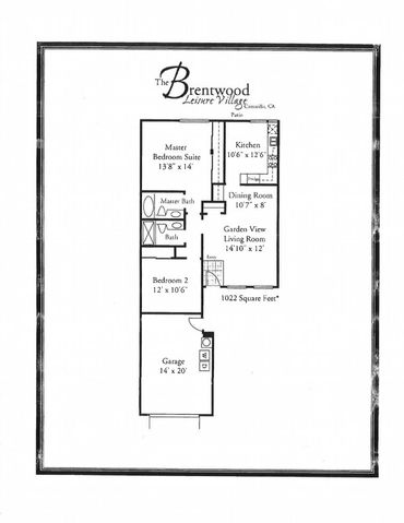 Brentwood Floor plan of a two-bedroom, two-bath home with a garage and garden view living room.