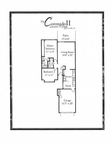 Floor plan of Coronado II with two bedrooms, living room, kitchen, garage, and patio.