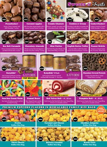 Variety of sweets and treats with detailed labels and prices.