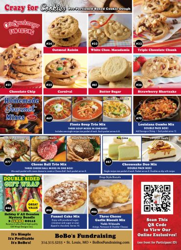 BoBo's Fundraising cookie dough and gourmet mix flyer with various flavors and QR code.