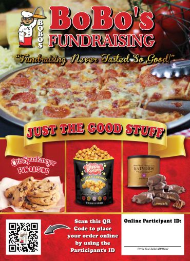 BoBo's Fundraising poster featuring pizza, cookies, popcorn, and chocolate.