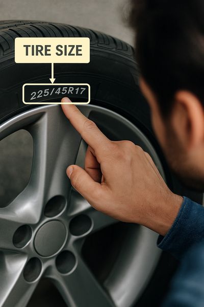Person pointing at car tire size marking 225/45R17 on the tire.