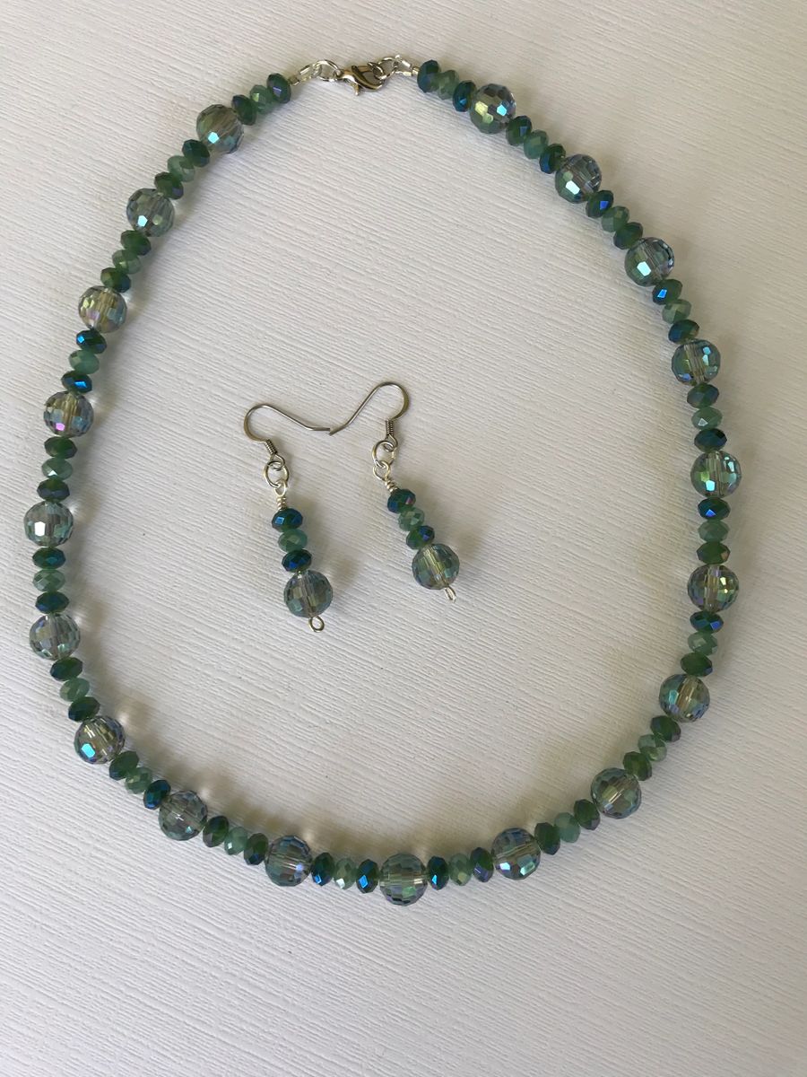 Blue/green crystal necklace and earring set.