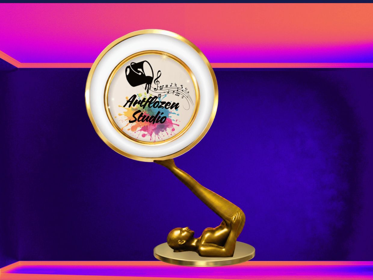 Golden sculpture holding a plate with Artflozen Studio logo.