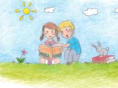 A sketch art of a boy and girl reading a book