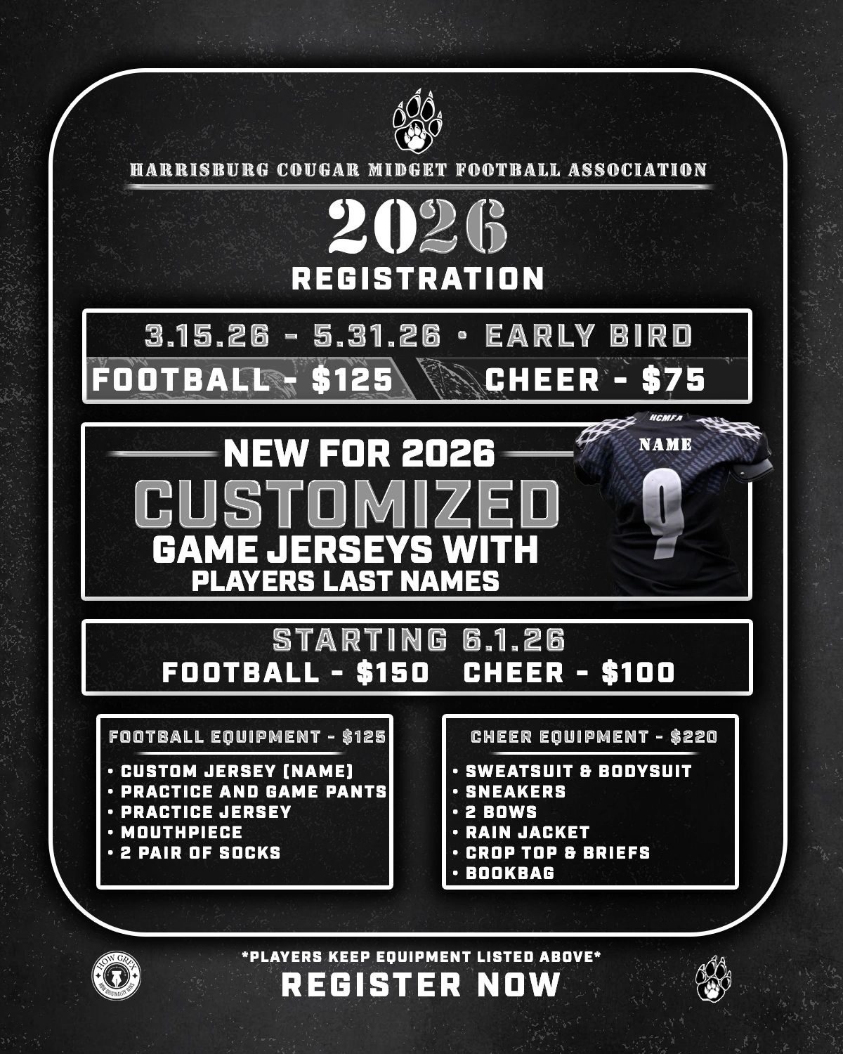 Registration details for Harrisburg Cougar Midget Football Association 2026 season with fees and equipment info.